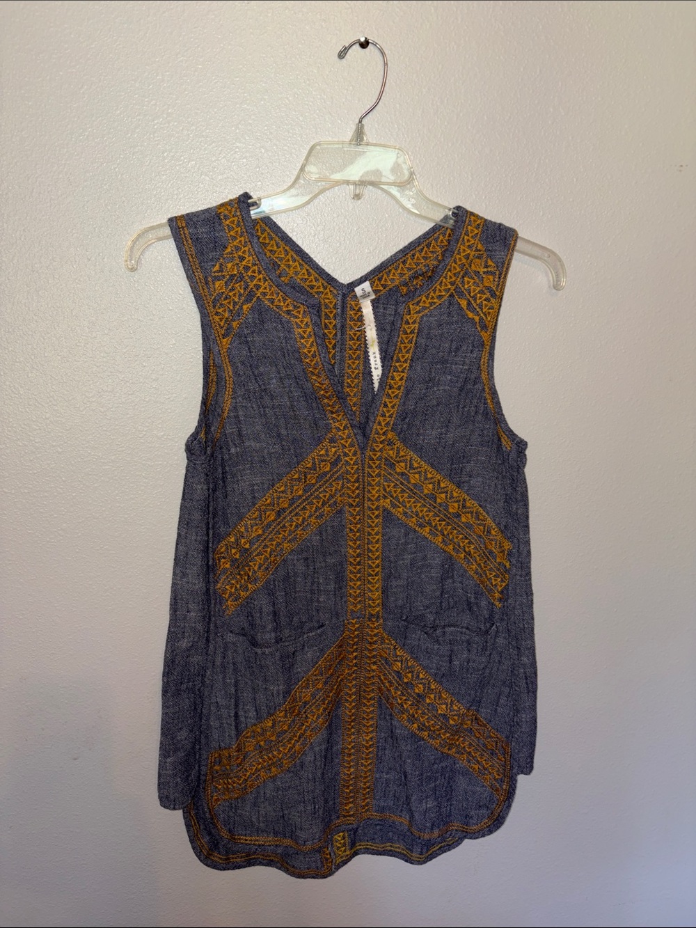 Uncle Frank Blue Tunic Tank with Mustard Embroidery